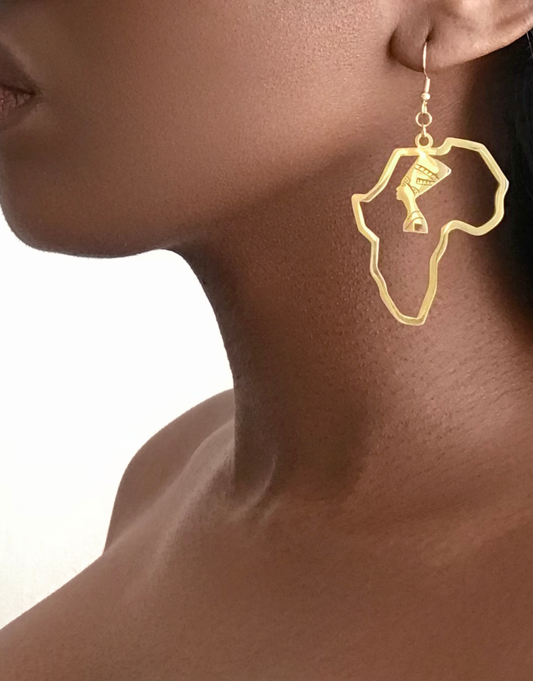 Nefertiti Africa Map Gold Plated Dangle Drop Earrings