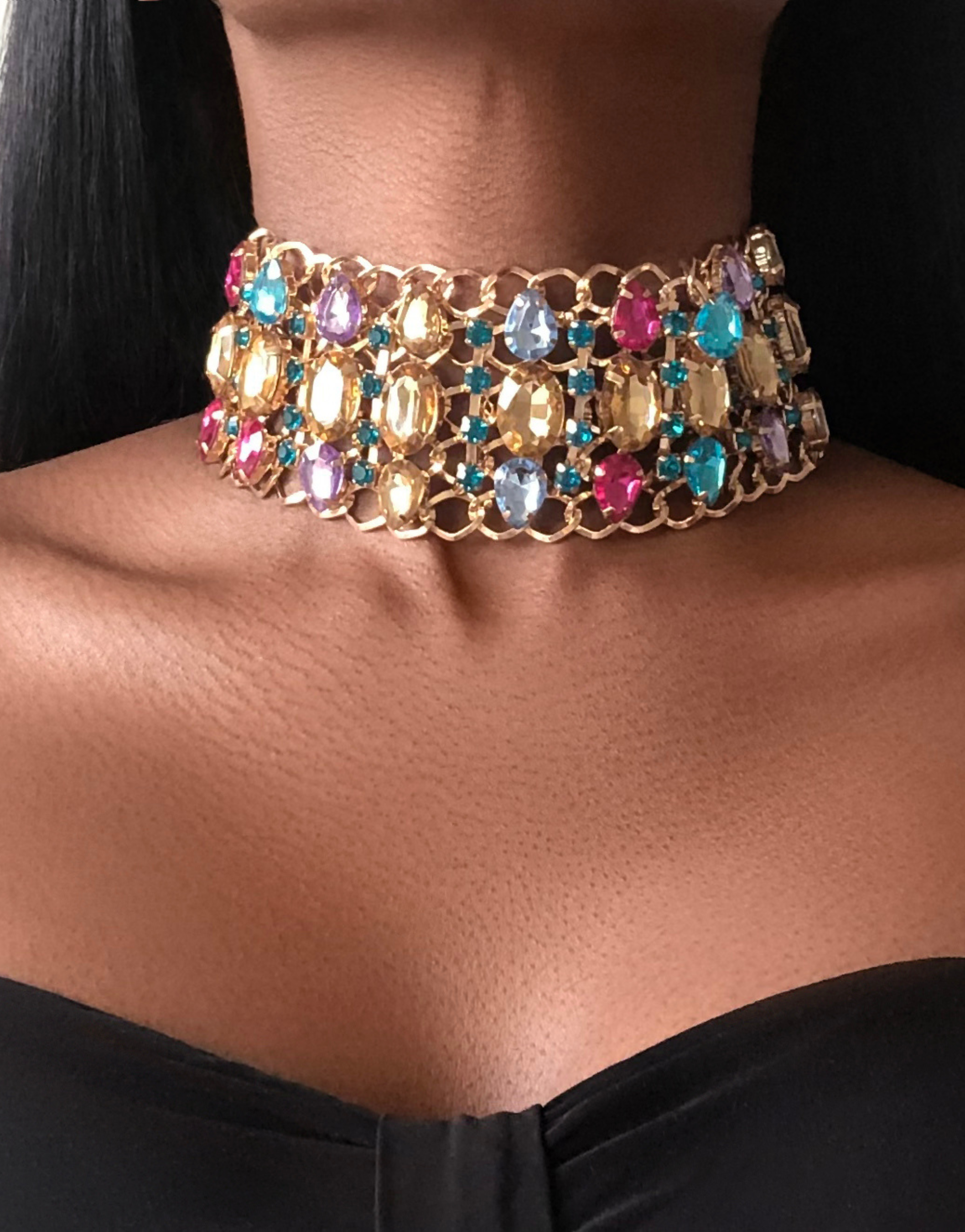 MALLAWI Rhinestones Multicoloured Crystal Choker Necklace