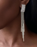 Load image into Gallery viewer, LOVE Clip-On Earrings Long Tassel Drop Silver Rhinestones Crystal
