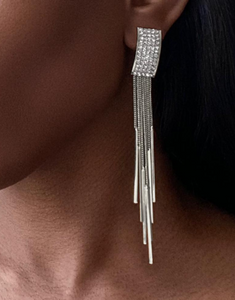 LOVE Clip-On Earrings Long Tassel Drop Silver Rhinestones Crystal