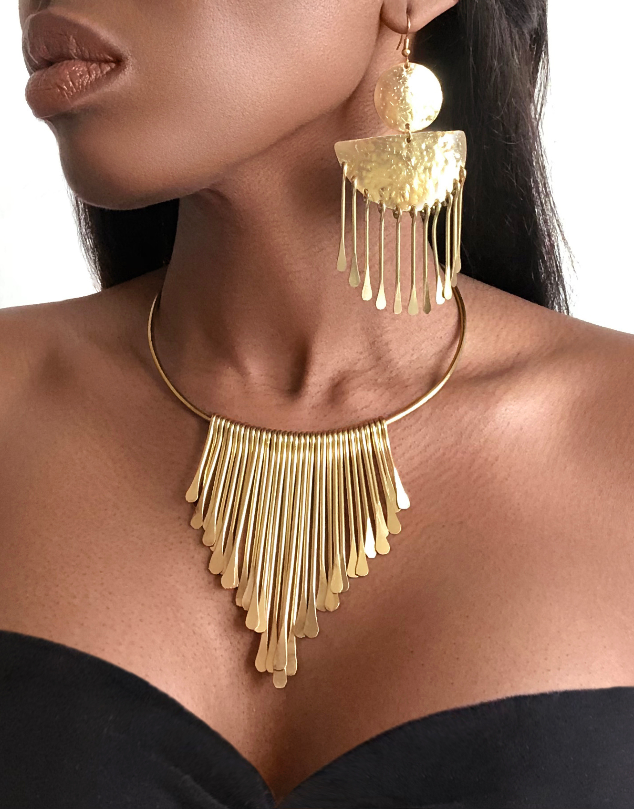 QALLIN Cuff Necklace & Earrings African Gold Tribal Set