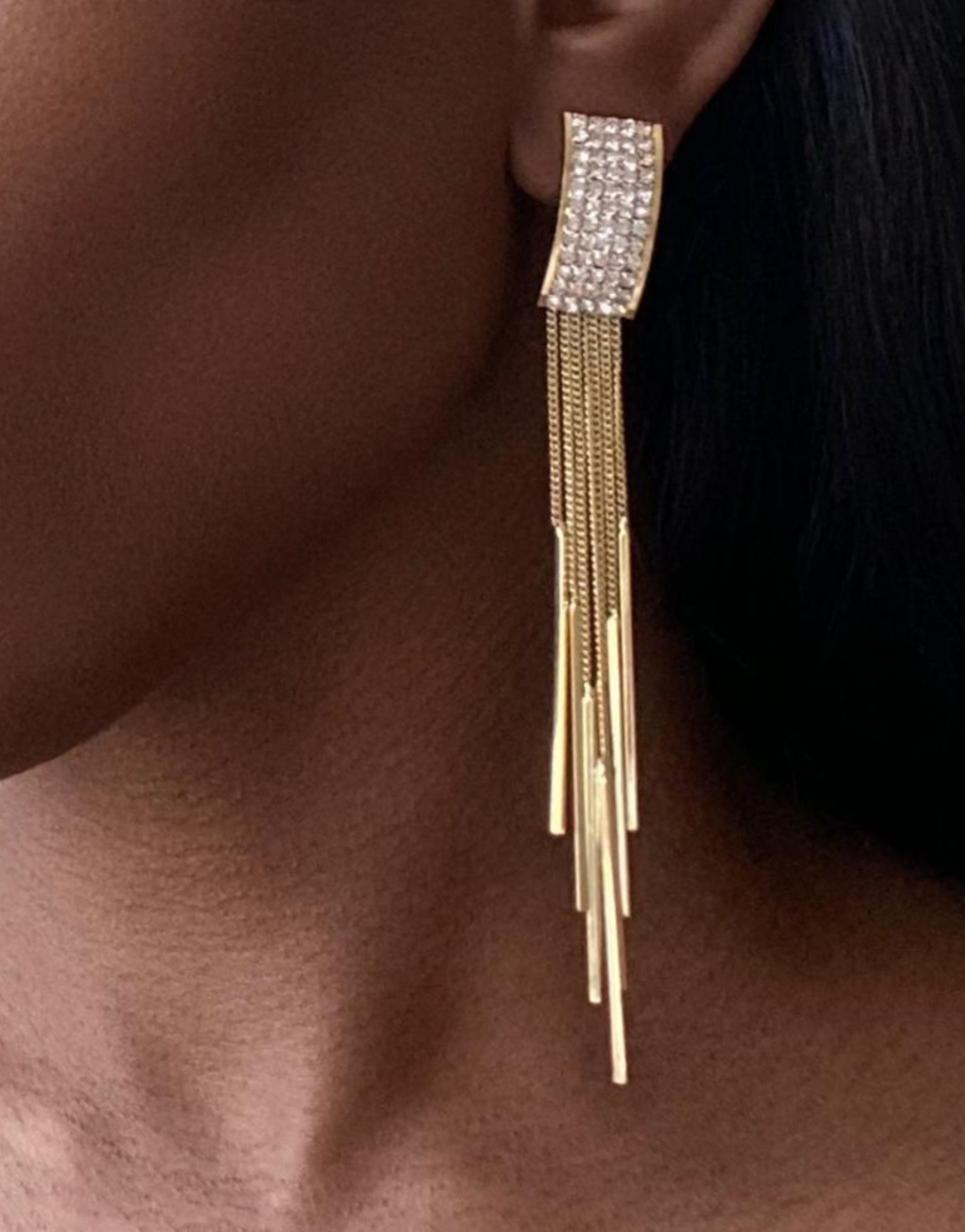 LOVE Clip-On Earrings Long Tassel Drop Gold Rhinestones Crystal