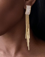 Carregar imagem no visualizador da galeria, LOVE Clip-On Earrings Long Tassel Drop Gold Rhinestones Crystal
