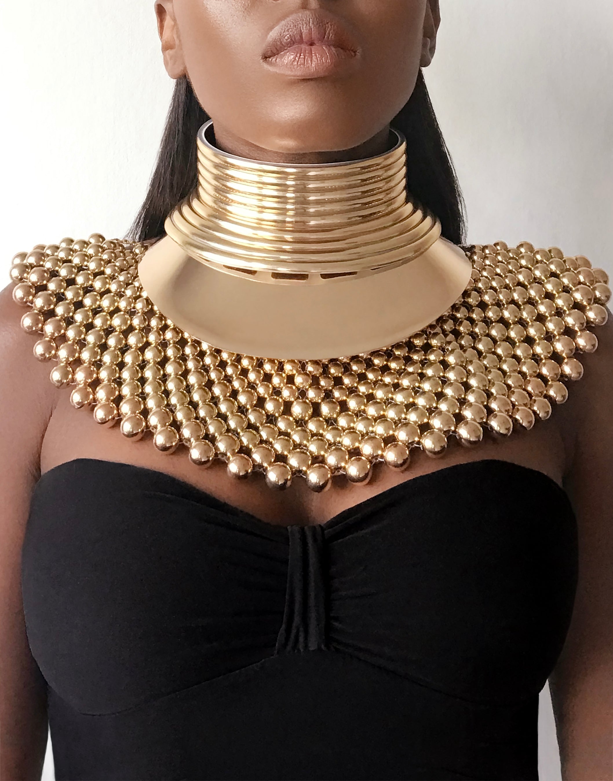 FAYOUM African Statement Maxi Gold Beaded Choker Necklace & Bracelet