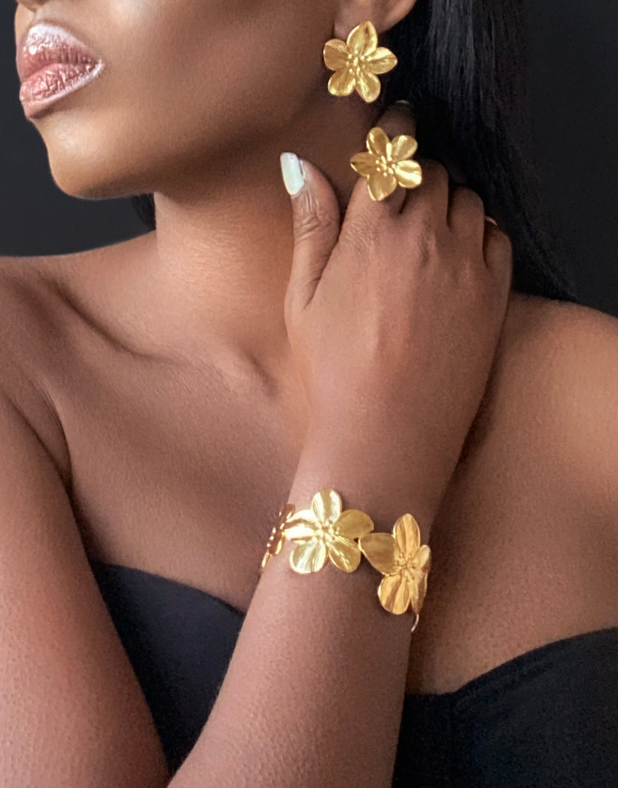 ABYDOS Big Flower Earrings Bracelet & Ring Set - Adjustable